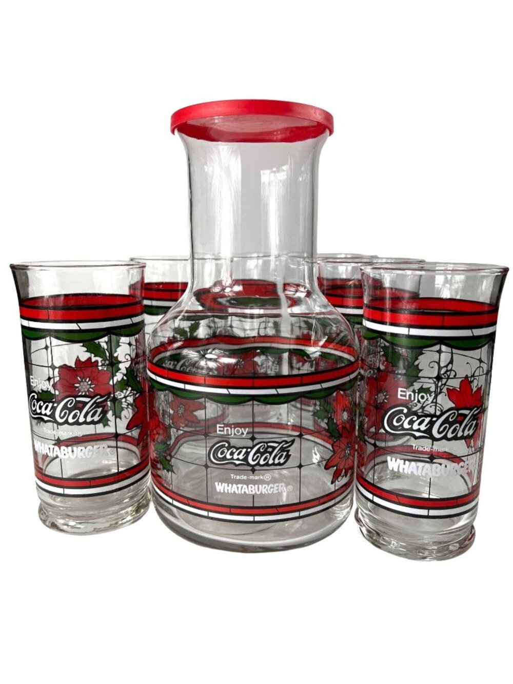 Vintage Coca-Cola Whataburger Holiday Glassware Set With Carafe Poinsettia
